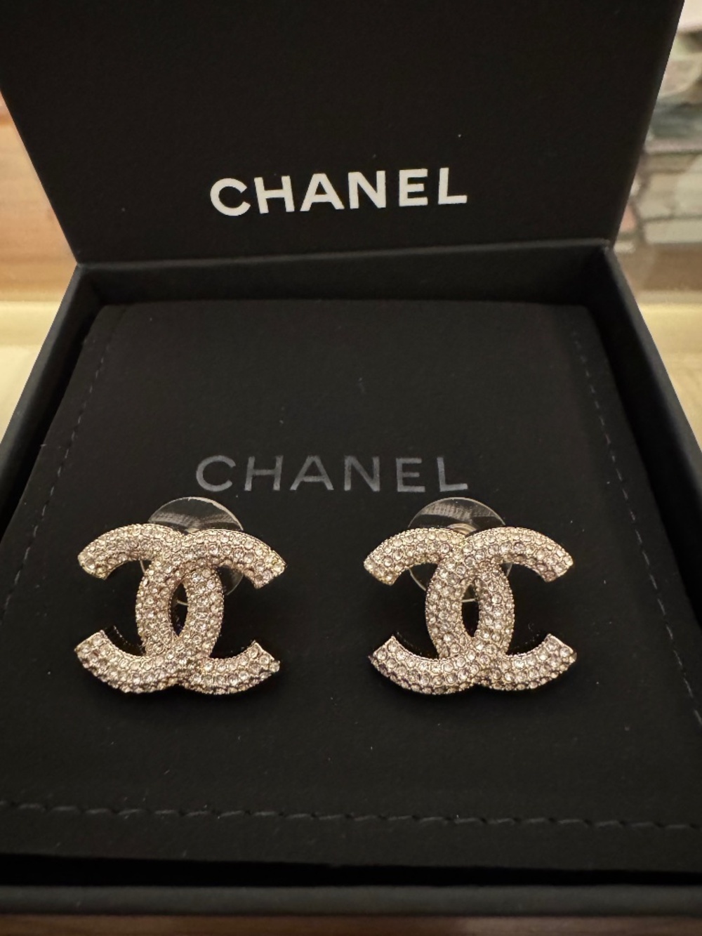 Super Rare Classic New Chanel CC Logo Crystal Embellished Gold Stud Earrings
